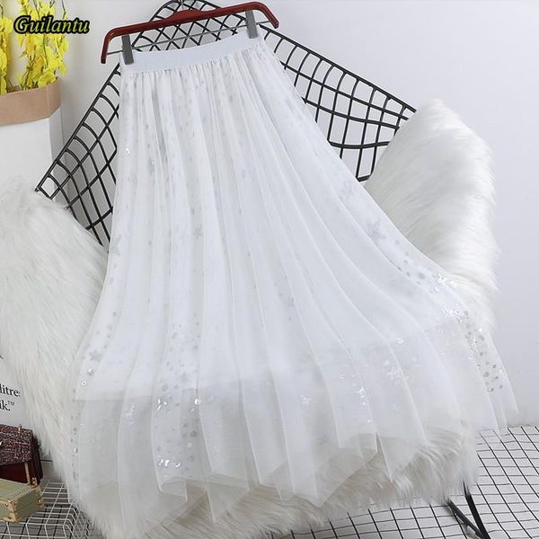 

skirts guilantu 2021 mesh sequined asymmetrical long skirt women clothes korean fashion elastic high waist tulle ladies, Black