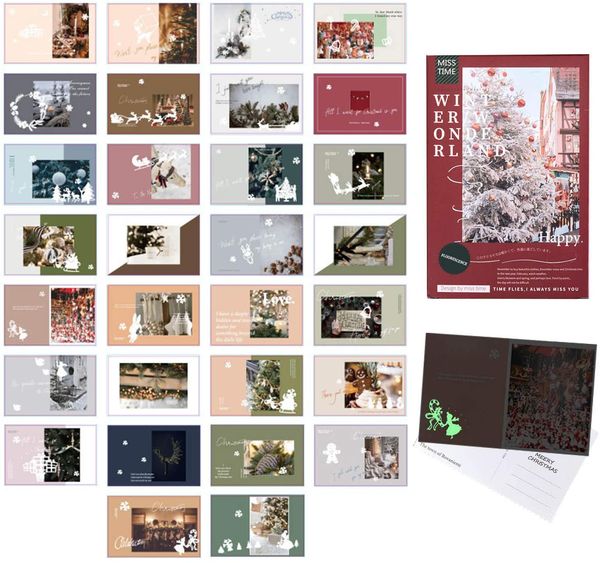 

30 pcs merry christmas cards with luminous postcards, diy christmas card gift card santa claus creative gifts