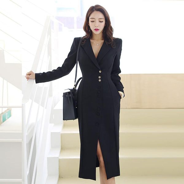 

casual dresses 2021 autumn women ol work office dress black notched collar long sleeve bodycon wrap ladies party elegant, Black;gray