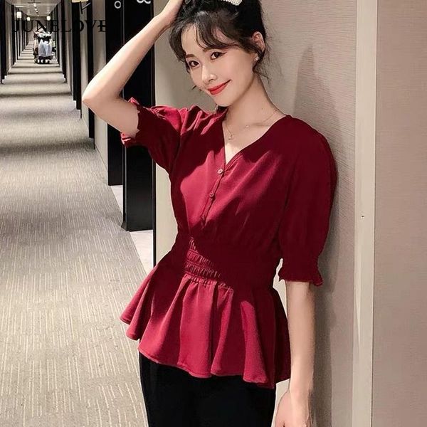 

hstar 2021 summer women blouse korean style female button v-neck collect waist design simple casual, White