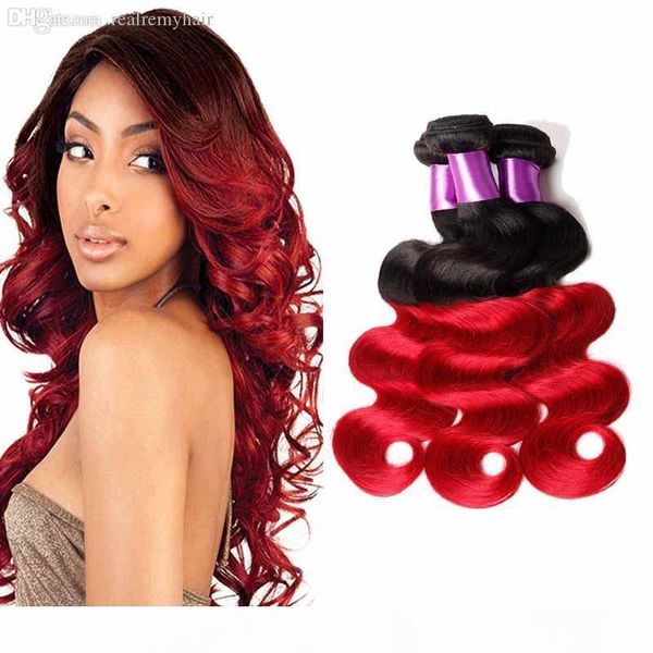 

colored brazilian red ombre human hair 3 bundles two tone 1b red brazilian body wave remy human hair weave extensions, Black