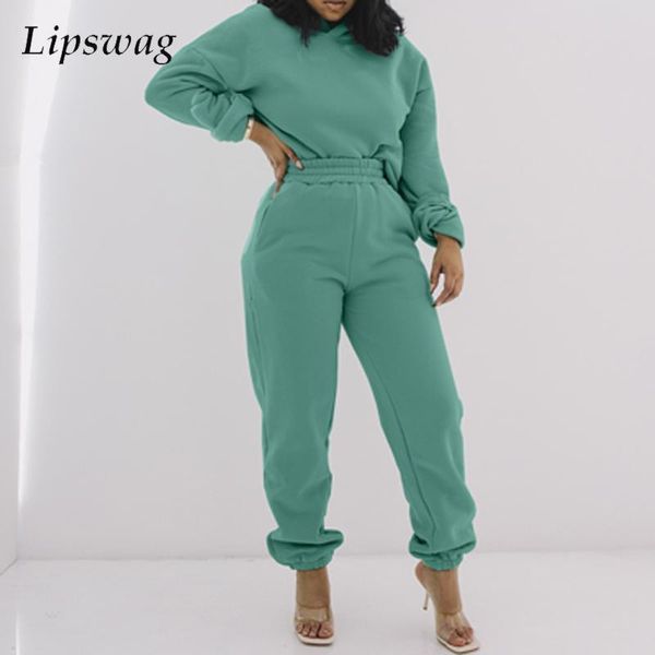 

women's two piece pants 2021 autumn women winter warm pice tracksuits elegant hooded sweatshirt + elastic waist sets casual solid ladie, White