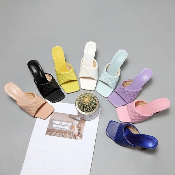 

slippers 2021 summer square women fashion open toe thin heeled mules elegant female soft high heels beach slides sandals, Black