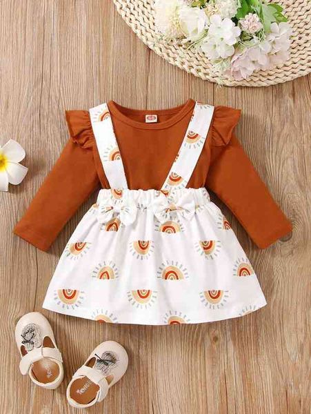 

baby ruffle trim bodysuit & sun print suspender skirt she, White