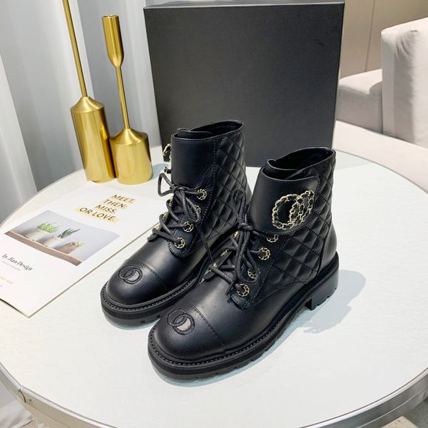 

Interlocking Black Ankle Biker chunky platform flats combat Boots low heel lace-up booties leather chains logo buckle women luxury designers