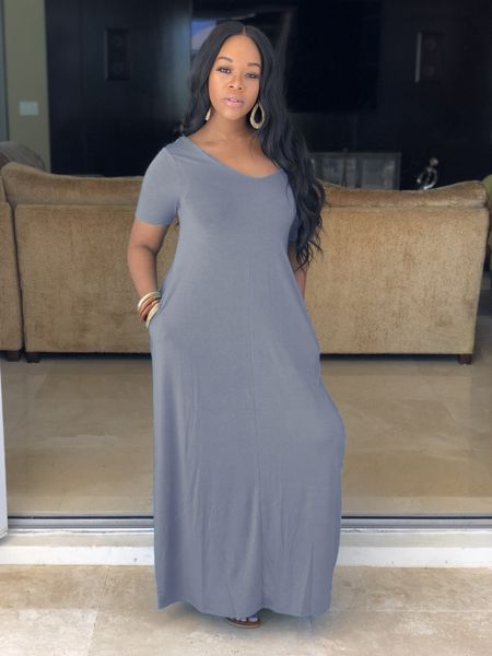 

2021 new spring summer women party es vestidos plus size solid short sleeve loose long maxi casual w3g2, Black;gray
