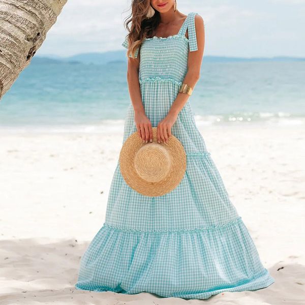 

new off shoulder sleeveless long dress fashion summer plaid ruffle maxi beach dress women elegant tie-up straps party dresshigh quality, Black;gray
