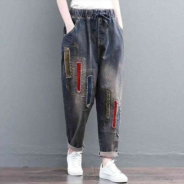 

denim patch embroidery elastic waist women jean harem pants retro loose plus fat size jeans lady high l125, Blue
