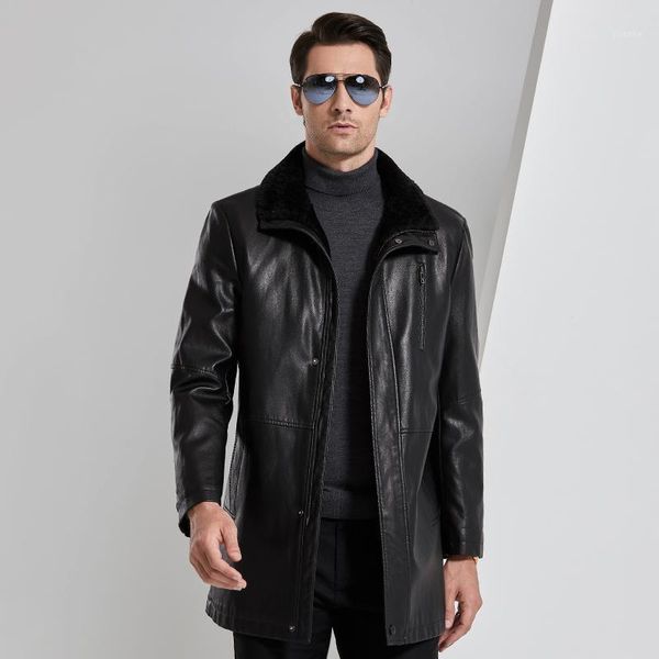 

fur collar leather coat thick 2019 winter warm jacket fleece liner men pu leather coat male overcoat plus size1, Black