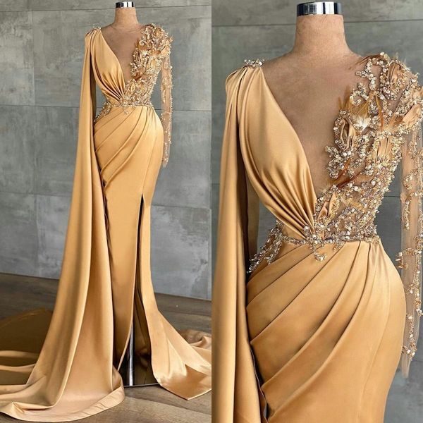 

2021 side split prom dresses long sleeve lace appliqued beaded pageant party gowns deep v neck satin gold evening dress, Black
