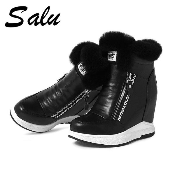 

boots salu genuine leather winter for women classic natural ladies shoes round toe wedges heel ankle, Black
