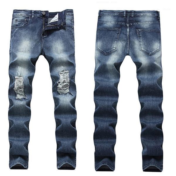 

men's jeans cotton denim knee hole casual style fashion ripped brand, Blue