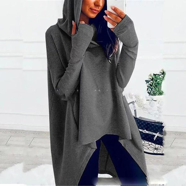 

women's hoodies & sweatshirts women fashion irregular hooded long sweatshirt autumn winter solid warm casual sleeve pockets, Black