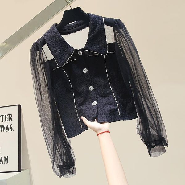 

women's blouses & shirts short mesh sleeve patchwork chiffon shirt for women retro 2021 spring autumn perspective gauze blouse office, White