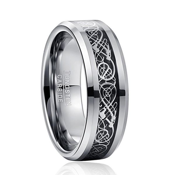 

wedding rings fashion tungsten steel band black carbon fiber ring silver dragon for men male jewelry gift drop, Slivery;golden