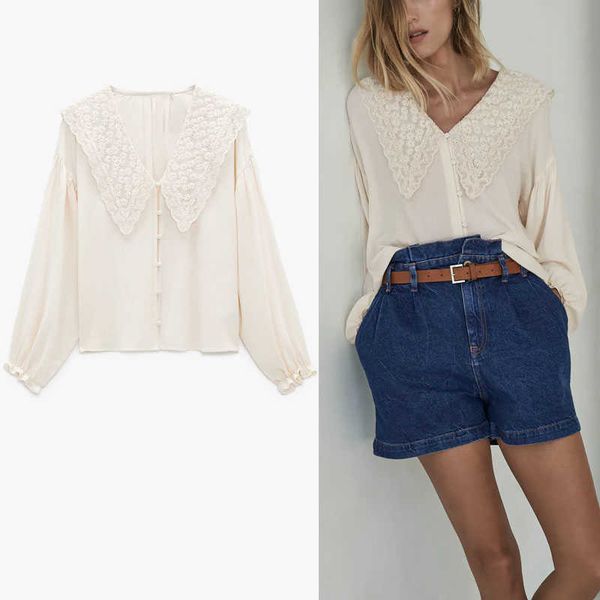 

za embroidered lapels summer blouse women puff long sleeve vintage shirts woman fashionfront button slim embroidery 210602, White