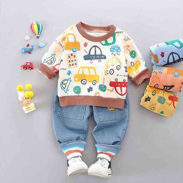

spring autumn baby boys girls suit clothes kid cotton cartoon card sport t-shirt jeans pants 2 pcs set toddler tracksuit, White