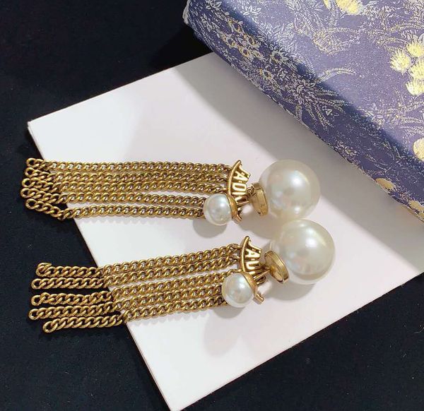 

luxury brand designer big pearl double sided stud earrings vintage copper pendant tassel dangle ear rings jewelry box packing, Golden;silver