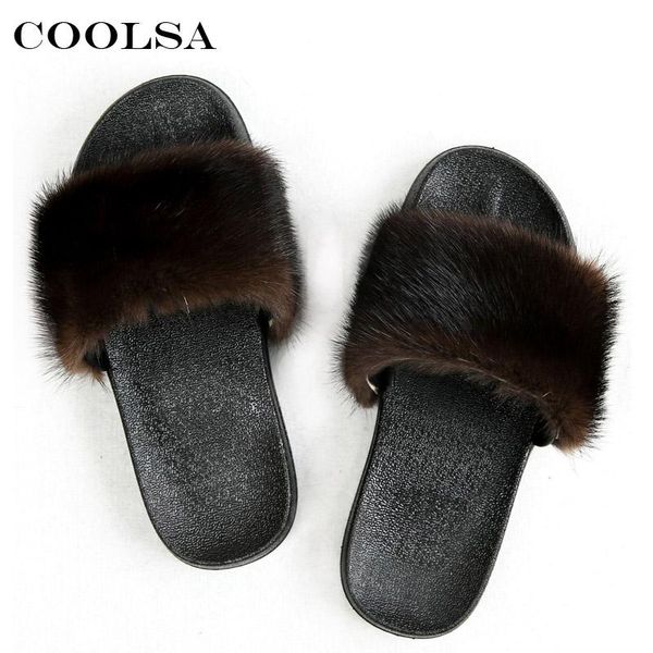 

slippers coolsa luxury women real sandals fluffy fur slides rubber flat non-slip casual home soft lady large size shoes, Black