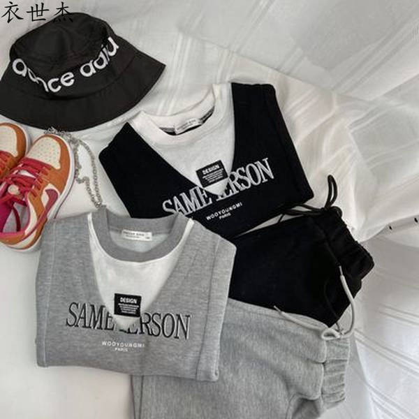 

childrens suits 2022 summer new products for boys and girls knitted two-piece baby fake two-piece suit, White
