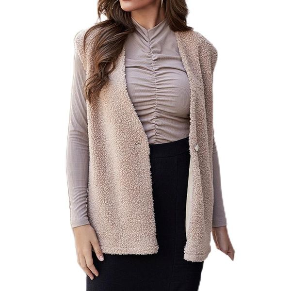 

women's vests women sleeveless vest cardigan fuzzy warm solid color one button loose long coat, Black;white