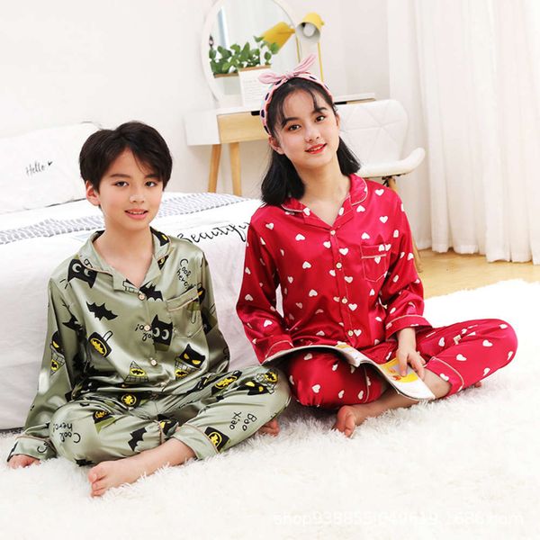 

home wear summer cardigan pajamas men's and women's thin air-conditioning clothing zhongda children's ice silk long sleeve pa, Blue;red