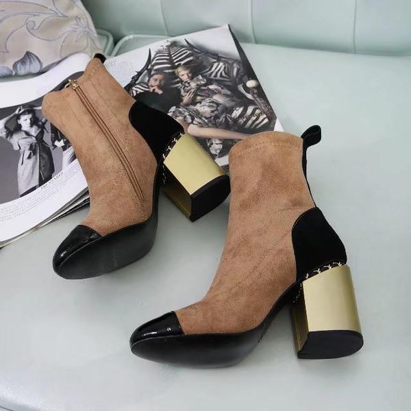 

boots women genuine leather chunky high heels spring winter zip round toe lady fashion ankle booties thick sole designer shoes, Black