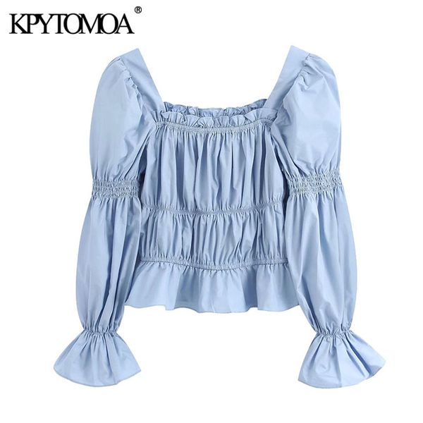

kpytomoa women sweet fashion ruffled pleated blouses vintage square collar long slee female shirts blusas mujer chic 210225, White