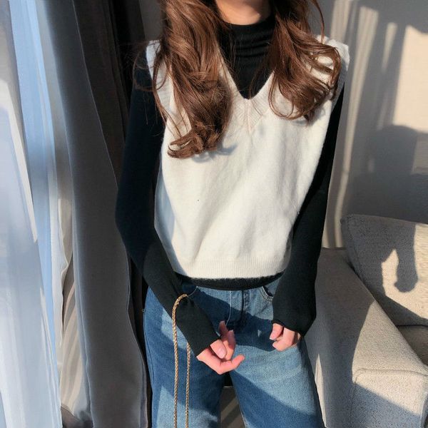 

colete solid gebreide v-hals all-match in the fashion ananse stijl mouwloze loseenvoudige vrouwen lens ulzzang chic gsxs, White;black