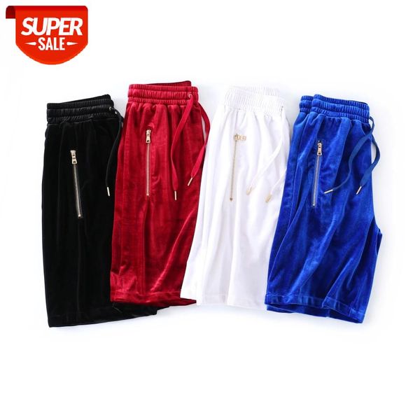 

kanye west velvet shorts men zipper pockets loose casual shorts drawstring oversize knee length pants streetwear plus size #zj73, Black
