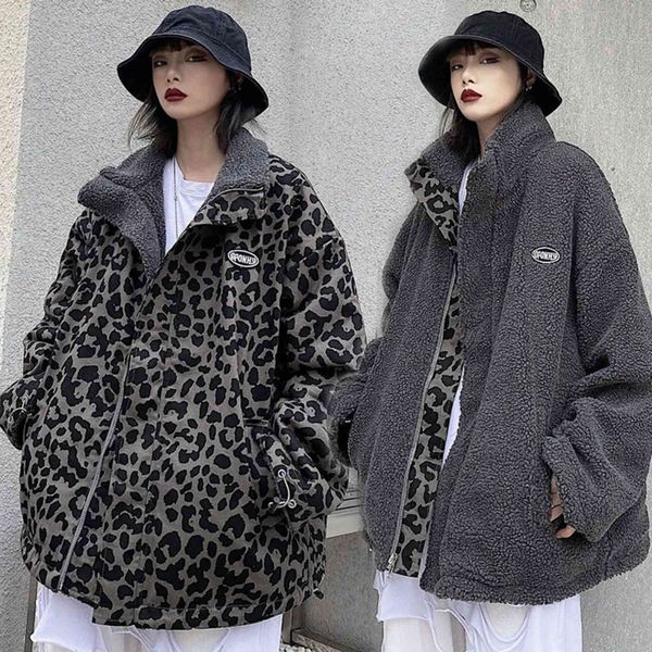 

women's fur & faux jaqueta dupla face de imitaÃ§Ã£o cashmere estampa leopardo, casaco feminino inverno, estilo harajuku, folgado, retrÃ´,, Black