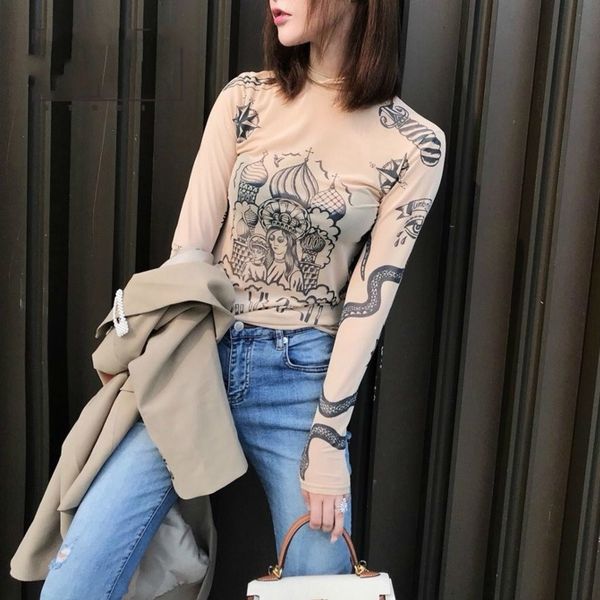 Russland Herbst Neue Mode Frauen Basal Top Göttin Tatoo Print Vintage High Tight Collar Mesh Garn Sexy Bluse Hemd B666 210225