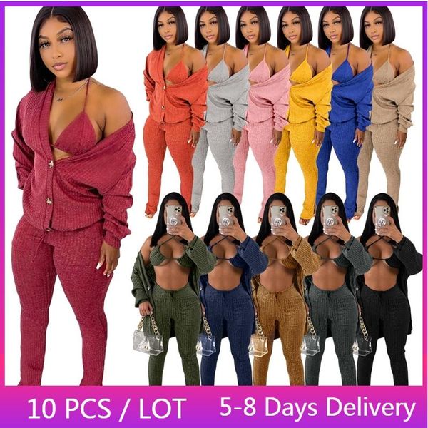 

women's two piece pants wholesale items knitted 3 set women winter clothes bra + long cardigan and flare pant suits solid club outfits, White