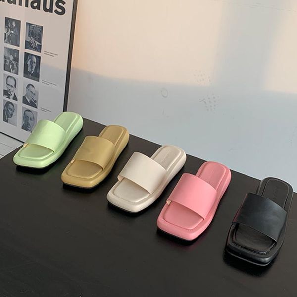 

slippers ladies shoes flats with slides female outside square toe flip flops fashion casual summer woman, Black