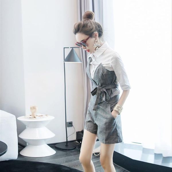 

women's tracksuits summer blazer two pieces set fashion plaid pullover work suits office lady blouse short sleeve sets with sashes, Gray