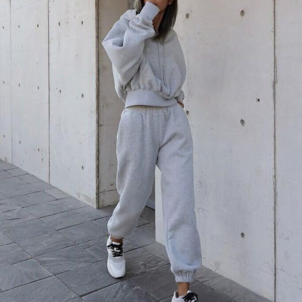 

2021 new casual solid color tracksuit two piece set autumn women hooded sweatshirt and pants female pullover sweatshirts sets objj, Gray