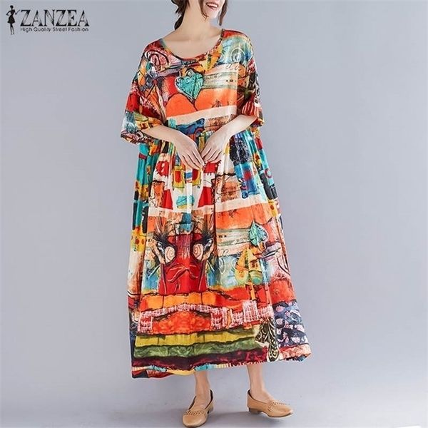 

plus size zanzea women print summer short sleeve sundress female vintage loose casual dress robe femme long vestido, Black;gray