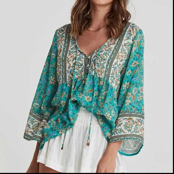 

boho inspired green floral summer tassel tie blouse women buttons cotton women bohemian gypsy laidies holiday, White