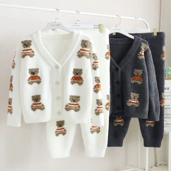 

women's autumn and winter soft half veet biscuit bear button cardigan housewear knitted pajamas suit, Black;red