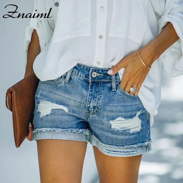 

women's jeans znaiml high waist ladies denim shorts 2021 summer ripped hollow out hole revers streetwear plus size, Blue