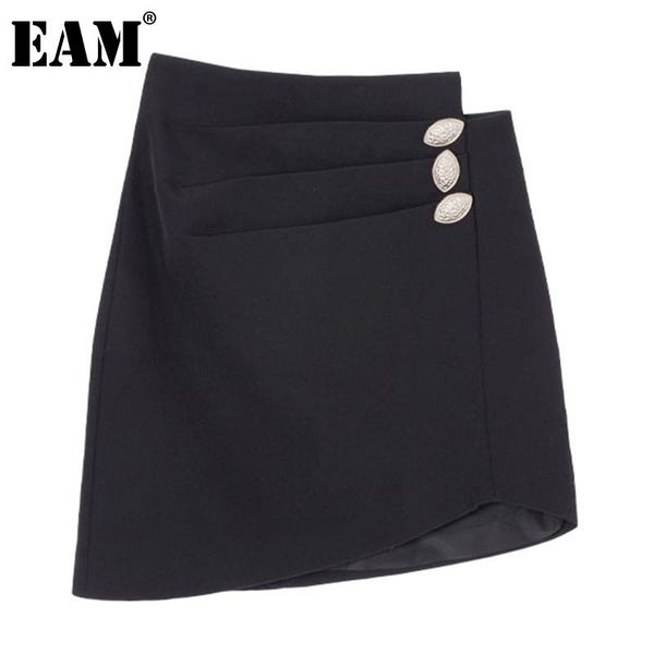 

eam] high waist black button pleated irregular temperament half-body skirt women fashion tide new spring autumn 2021 1da426