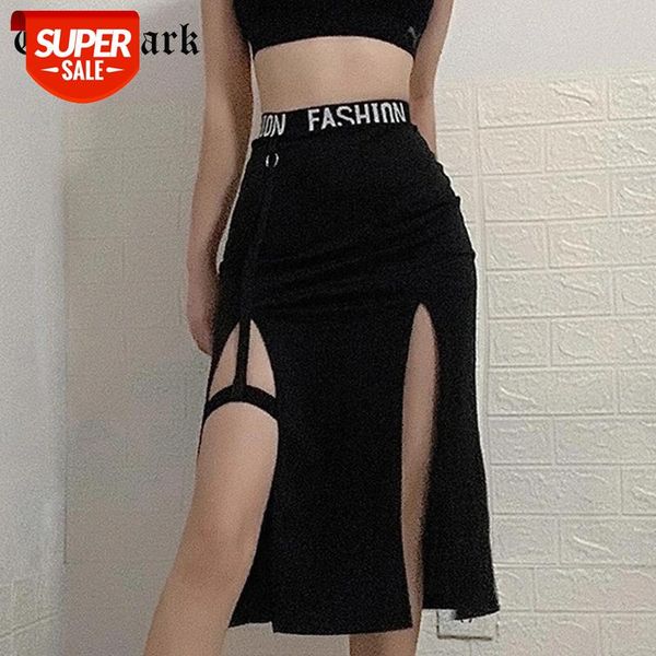 

goth dark gothic high waist black midi dress y2k grunge patchwork elastic slit hem a-line midi skirts women autumn streetwear #5r4x