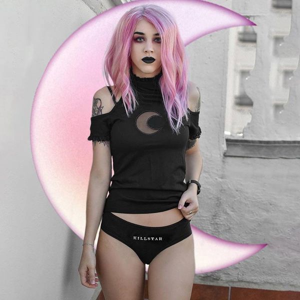 

women's t-shirt off shoulder black halter t-shirts women gothic punk moon hollow out bodycon female blackless cotton tees, White
