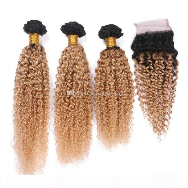 

ombre 1b 27 kinky curly hair weaves with lace closure blonde 27 curly hair bundles with lace closure 4x4, Black;brown