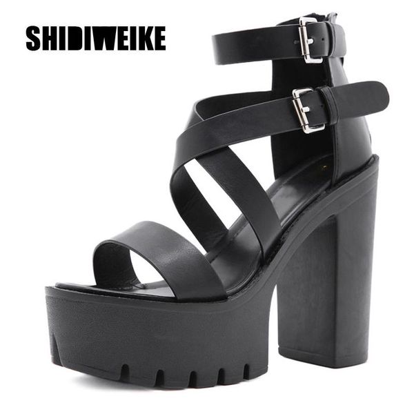 

2021 women gothic shoes high square heel hollow out sandals gladiator clubwear shoes platform fashion buckle ankle strap va868, Black