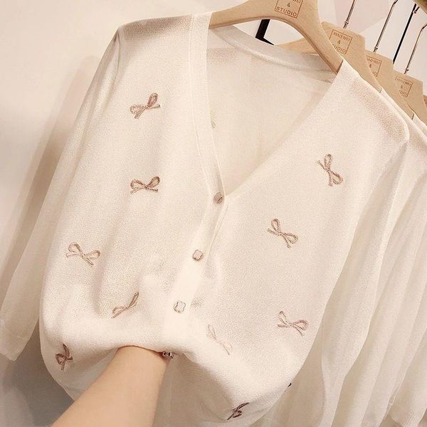 

women's knits & tees lady spring and autumn embroidered ice silk knitted cardigan 2021 loose-fitting thin hollow v-neck sweater girl, White