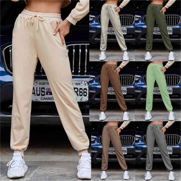 

harlem elastic lace up solid color casual pants sportswear women's leggings, Black