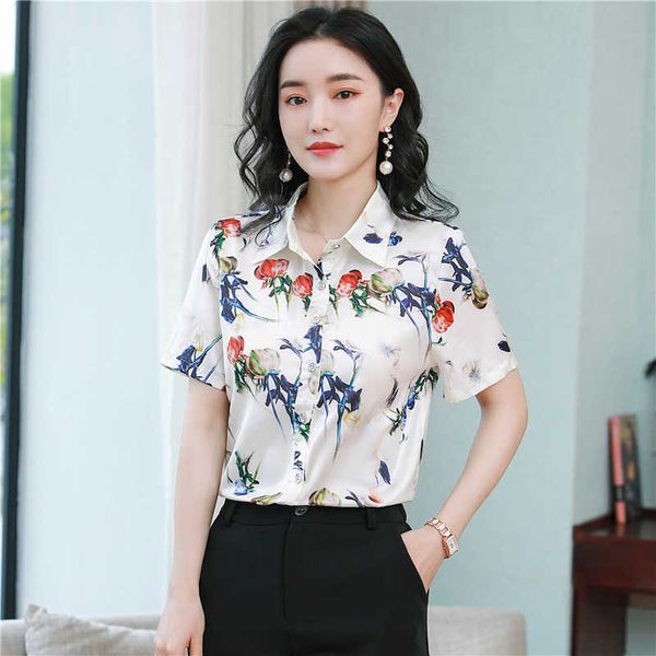 Estate coreana moda satinata donna camicie ufficio signora manica corta camicia abbottonata plus size xxl white ladies top blusa 210531