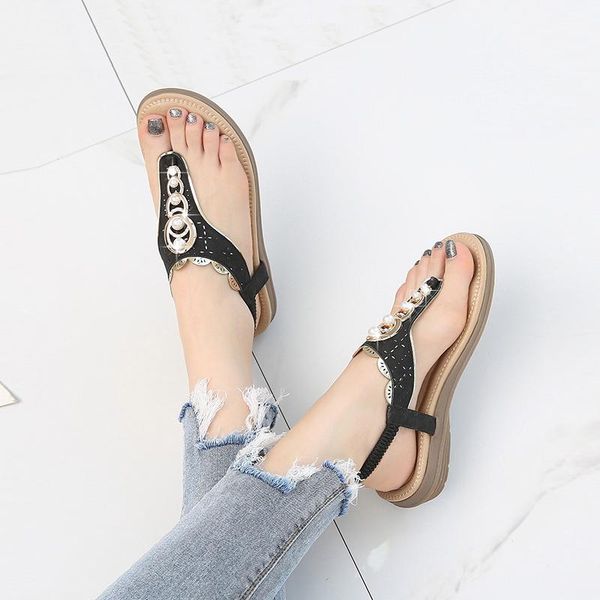 

sandals 2021 arrival bohemia women fashion shoes summer style plus size flats flip flops women's, Black