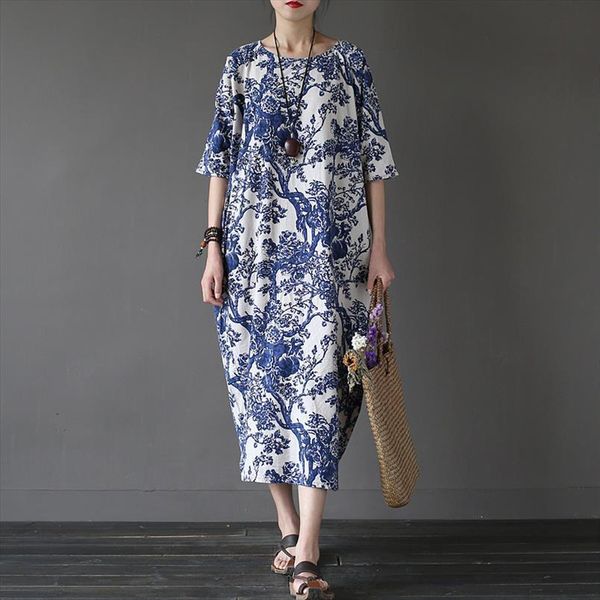 

summer cotton linen vintage flower womens dress pint fall robe half sleeve o neck washed plus size loose dresses, Black;gray